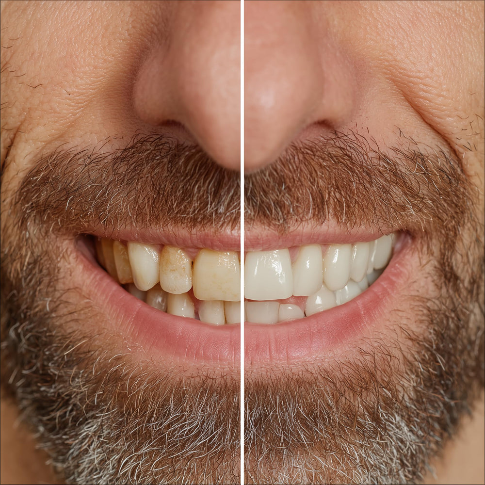 Bright White Smiles before-and-after swatches illustrate visible whitening progress over time.