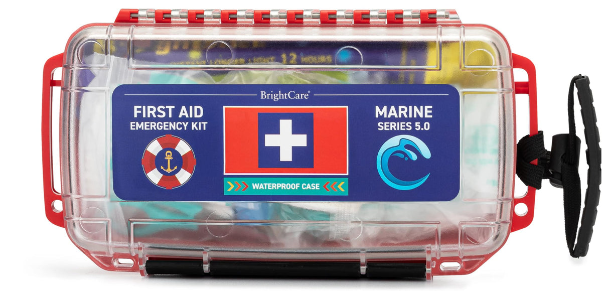 BrightCare marine first aid kit in floating case for easy sea rescue readiness.