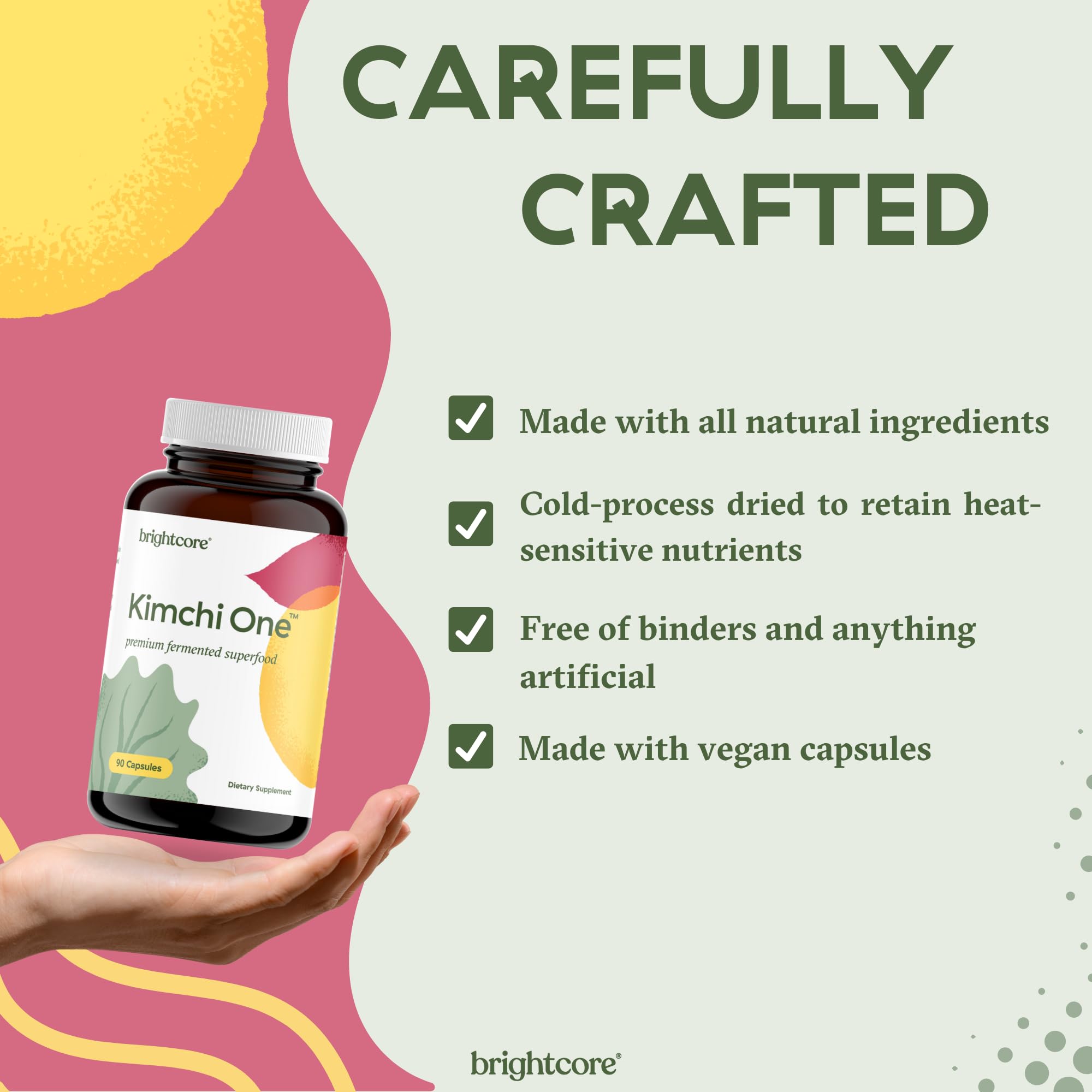 Brightcore Kimchi One ingredients chart showing vitamins and minerals for daily wellness.