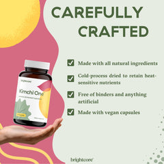 Brightcore Kimchi One ingredients chart showing vitamins and minerals for daily wellness.