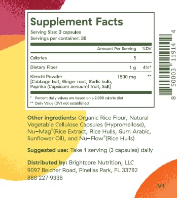 Brightcore Kimchi One powder packaging highlighting fermentation-rich nutrients.