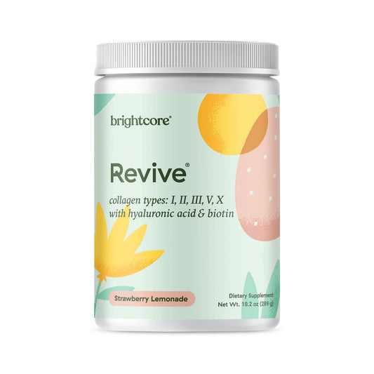Brightcore Revive bottle front shows a premium collagen powder for daily use.
