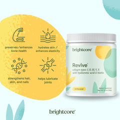 Brightcore Revive powder being poured into a smoothie for daily use.
