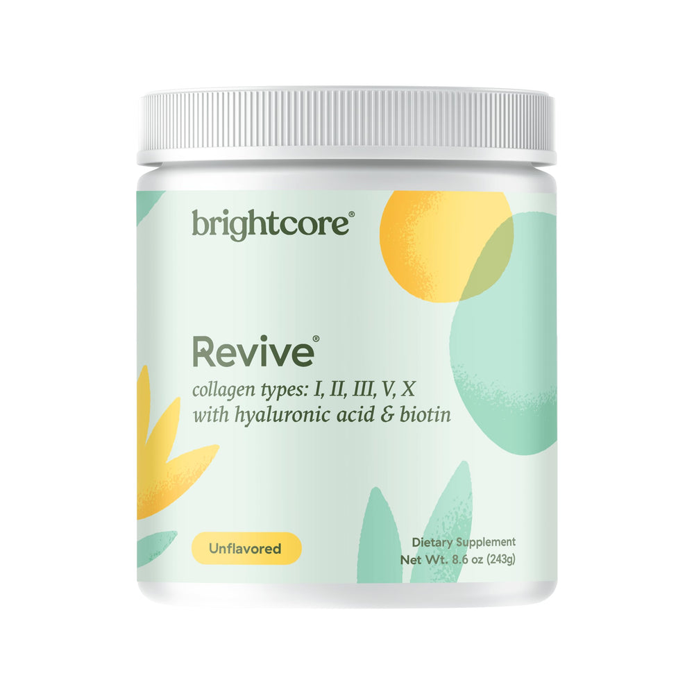 Brightcore Revive multi collagen powder bottle highlighting joint comfort and skin hydration.