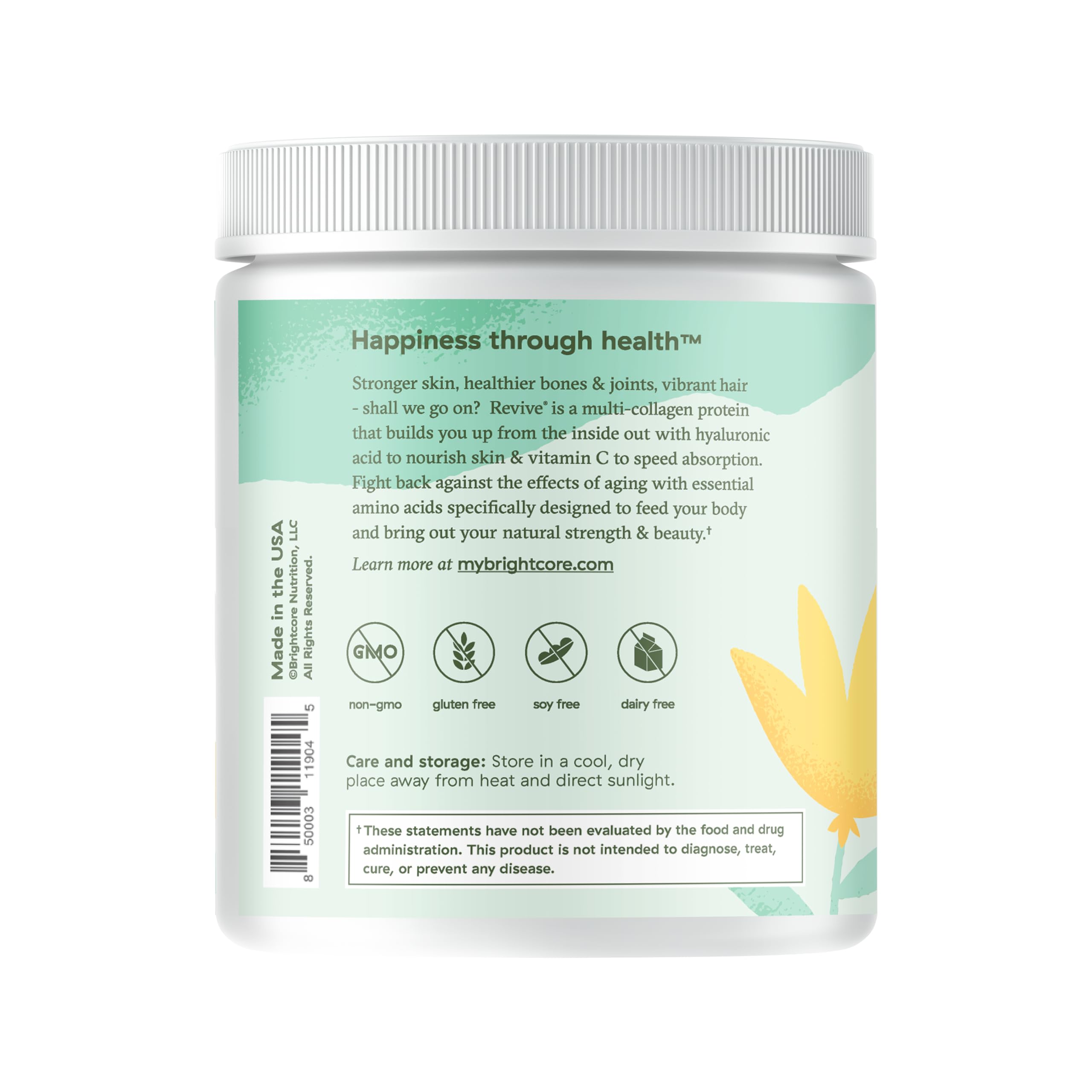 Brightcore Revive powder jar with scoop demonstrating easy mix into drinks.