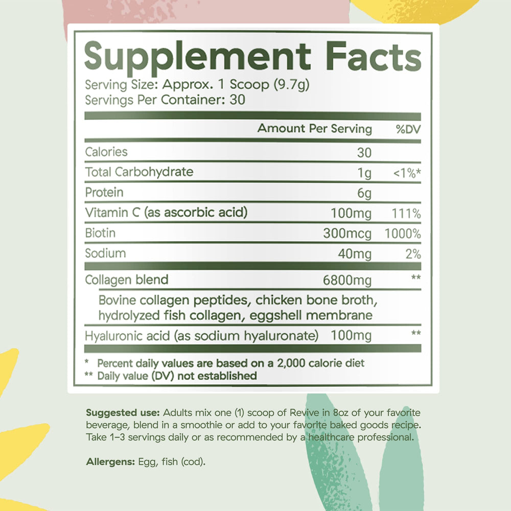 Brightcore Revive tub label closeup highlights gluten-free and non-GMO ingredients.