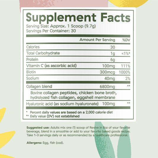 Brightcore Revive tub label closeup highlights gluten-free and non-GMO ingredients.