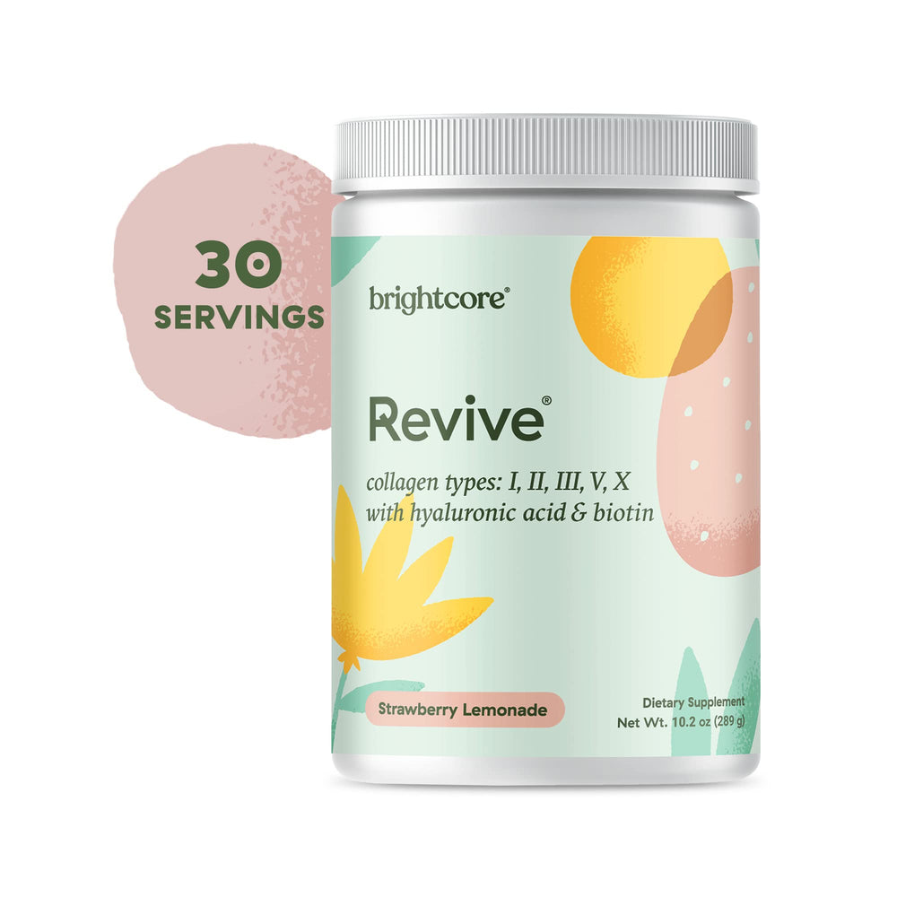 Brightcore Revive tub on kitchen counter signals an easy daily supplement ritual.
