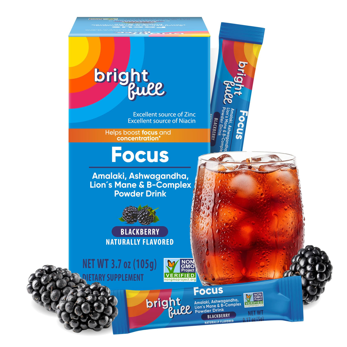 Brightfull Focus bottle with blackberry flavor supports daytime focus.