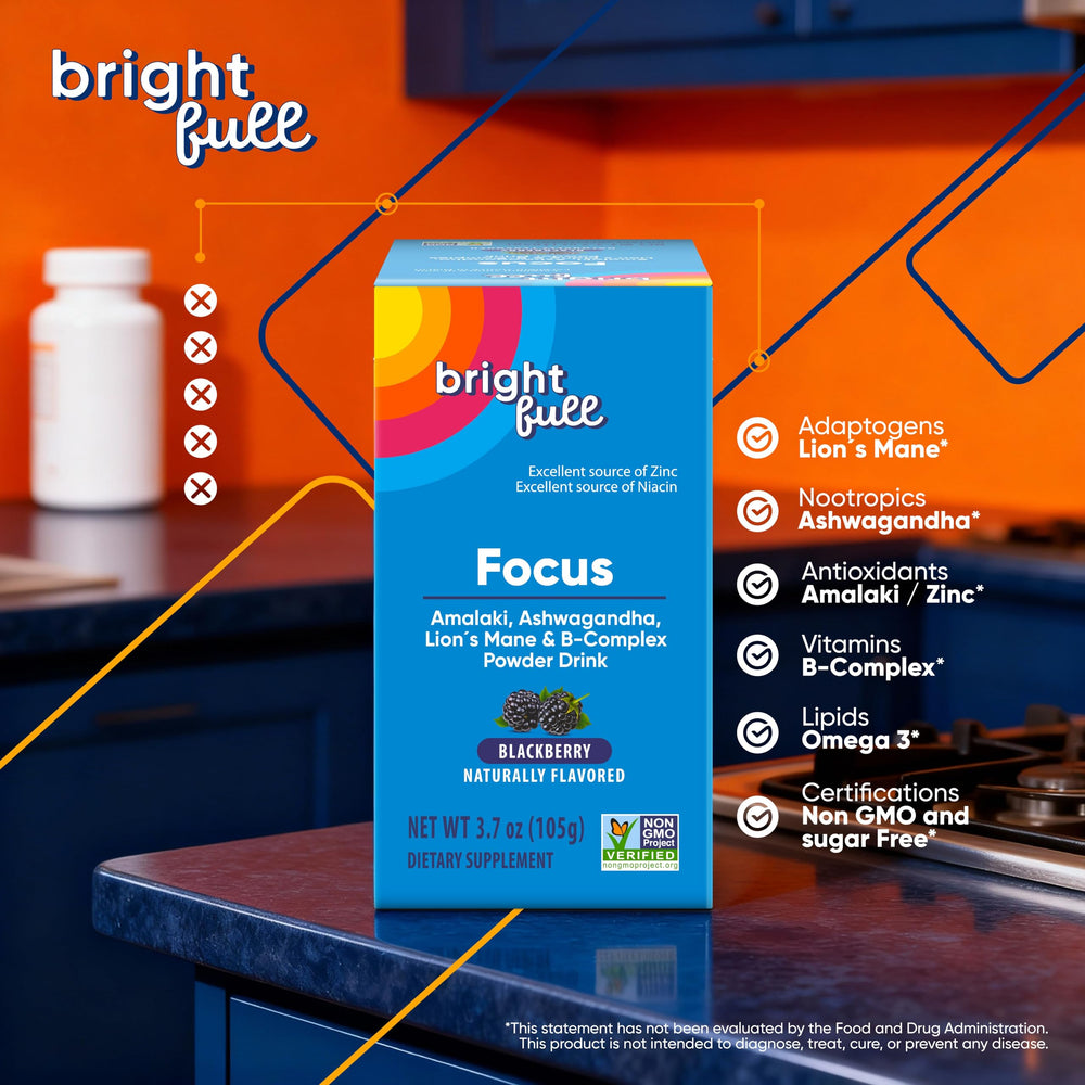 Brightfull Focus blackberry drink in a glass ready for alertness.