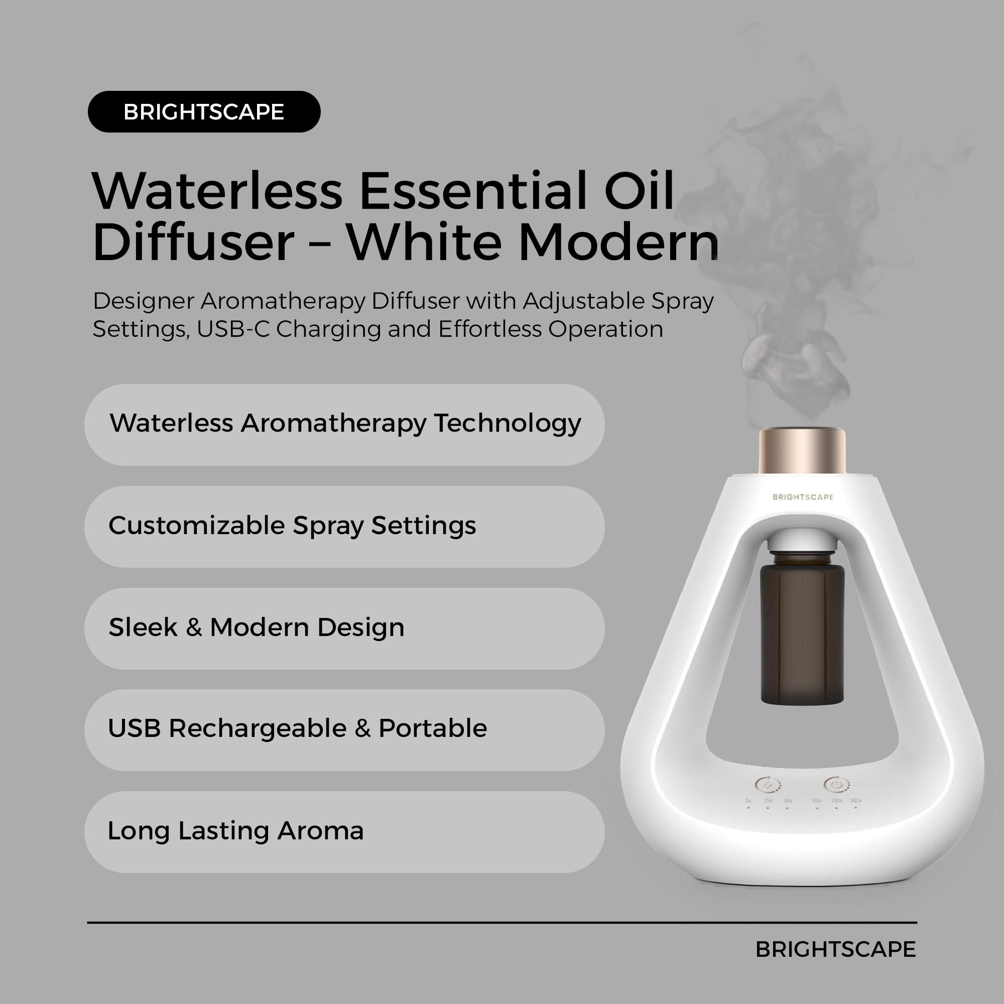 Brightscape waterless diffuser battery and USB-C charging for cordless convenience