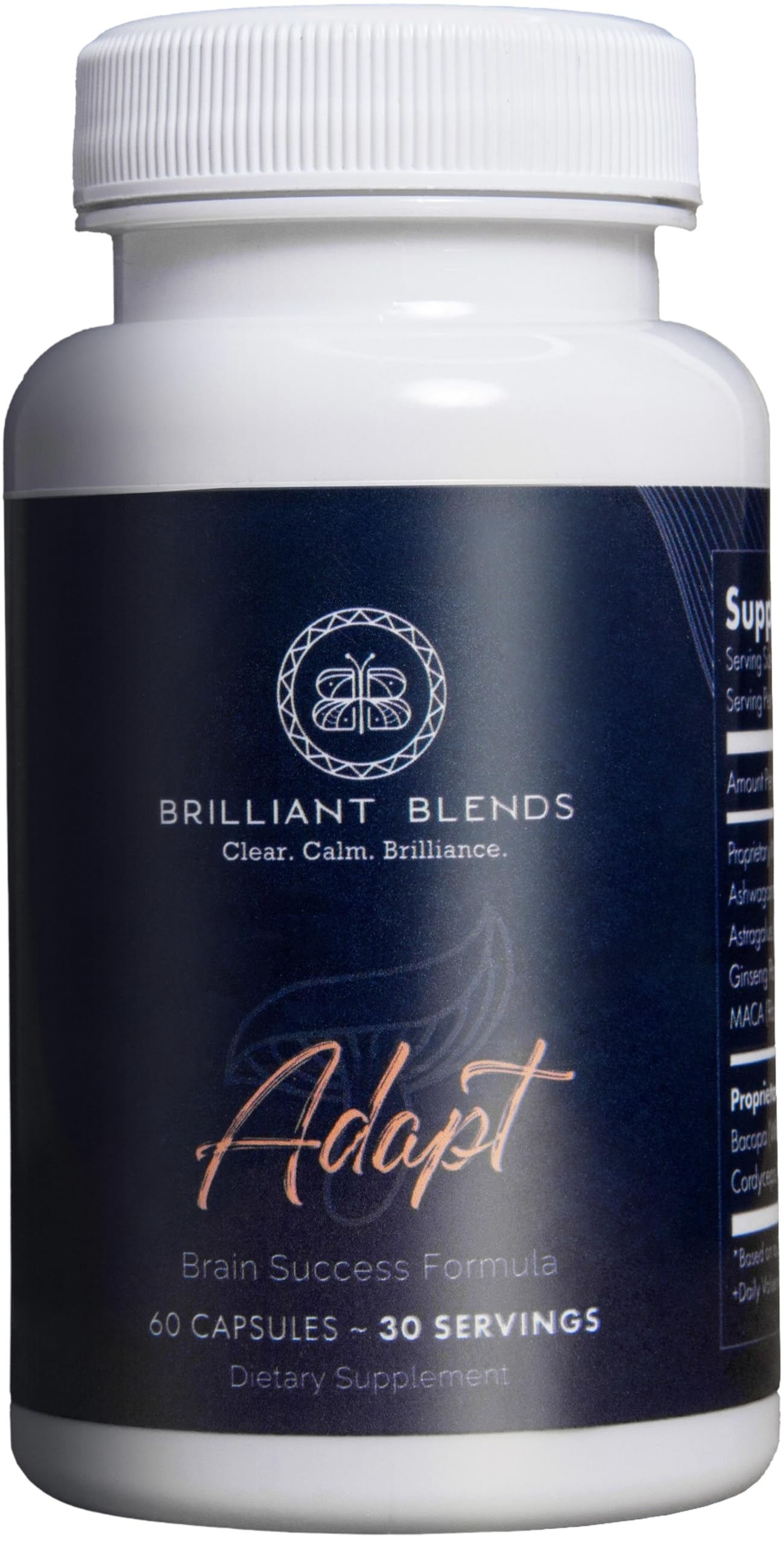 Brilliant Blends Adapt bottle close-up for potential sleep support and calm focus.