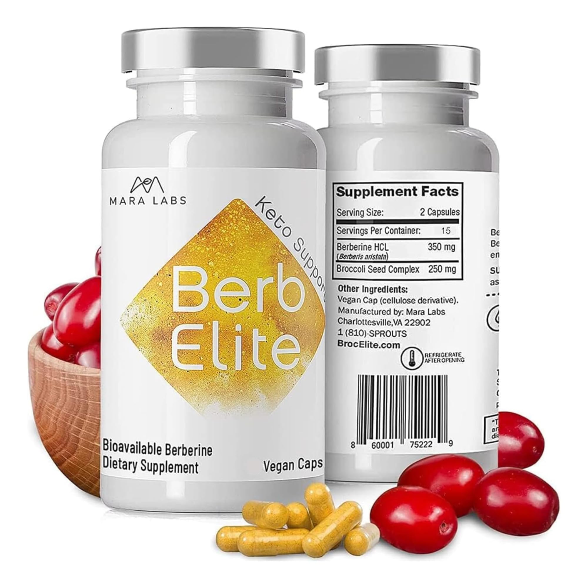 BrocElite BerbElite bottle front with 30 vegan capsules for daily use.