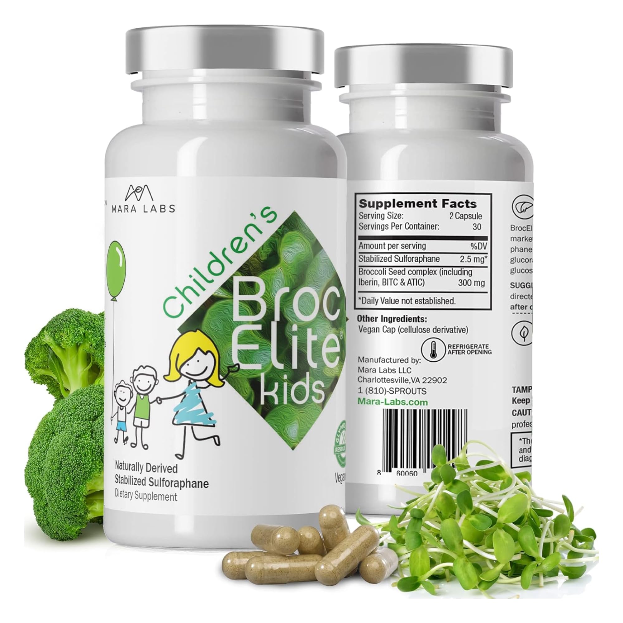 BrocElite Mara Labs Kids bottle showing kid-friendly packaging and easy dosing.