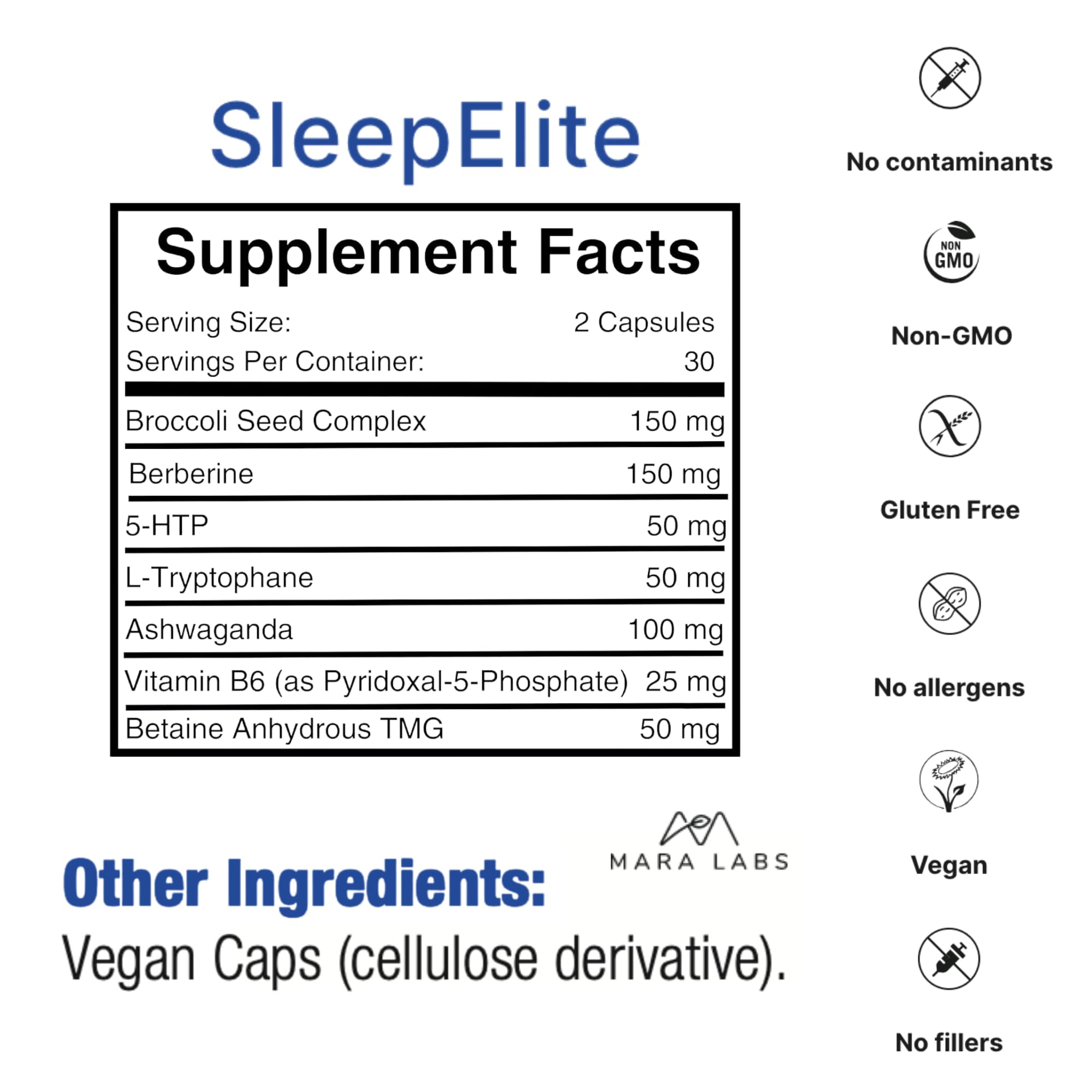 BrocElite SleepElite bottle label highlighting serotonin precursors for sleep readiness.
