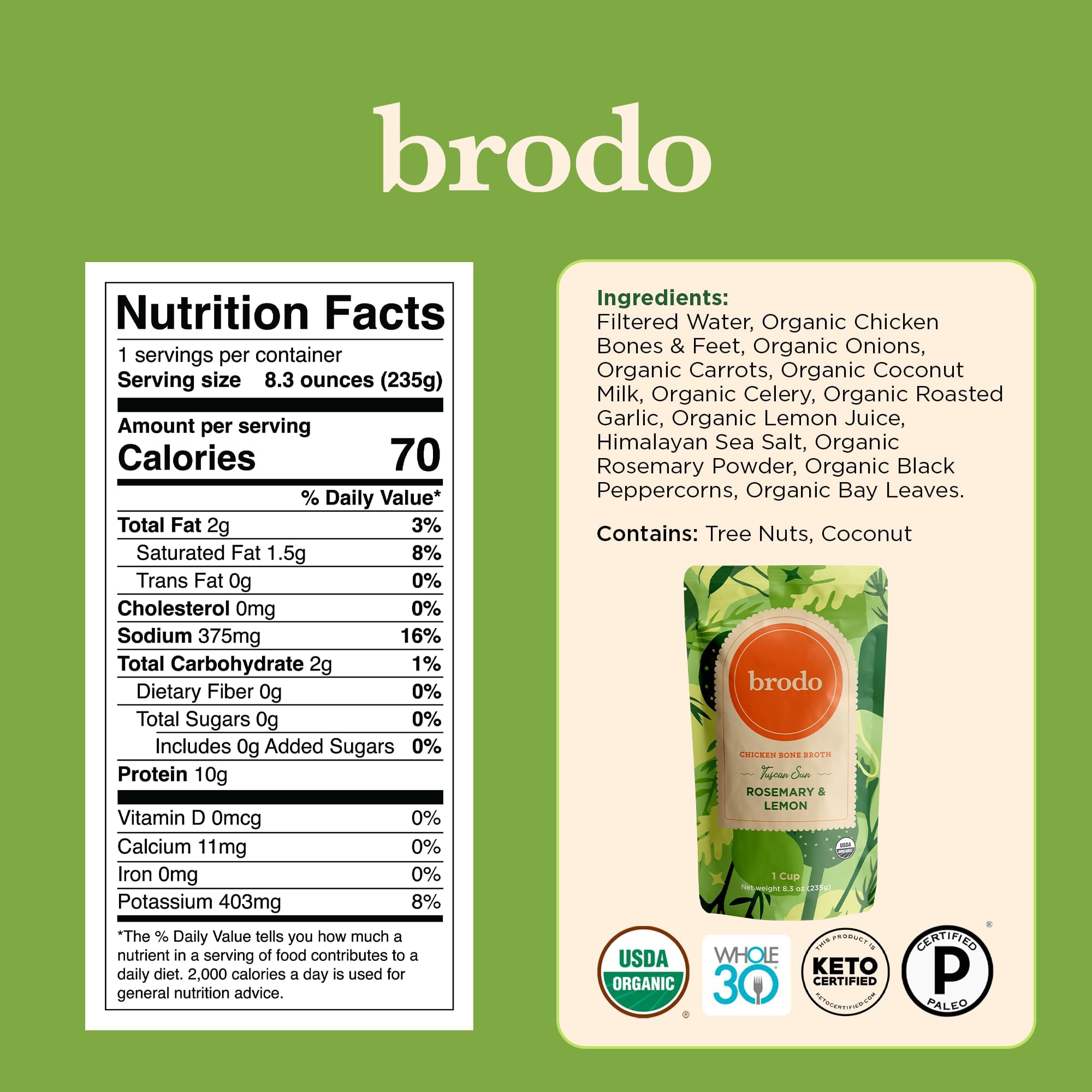 Brodo broth chicken broth bottle highlighting hearty, comforting base.