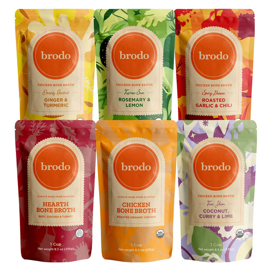 Brodo collagen variety ginger turmeric broth bottle, for cozy morning sipping.