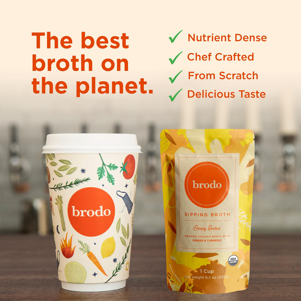 Turmeric and ginger infusion in Brodo Deeply Rooted broth with warm aroma.