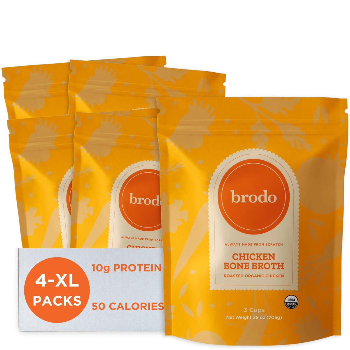 Brodo packaging front highlights organic chicken bone broth for sipping or cooking