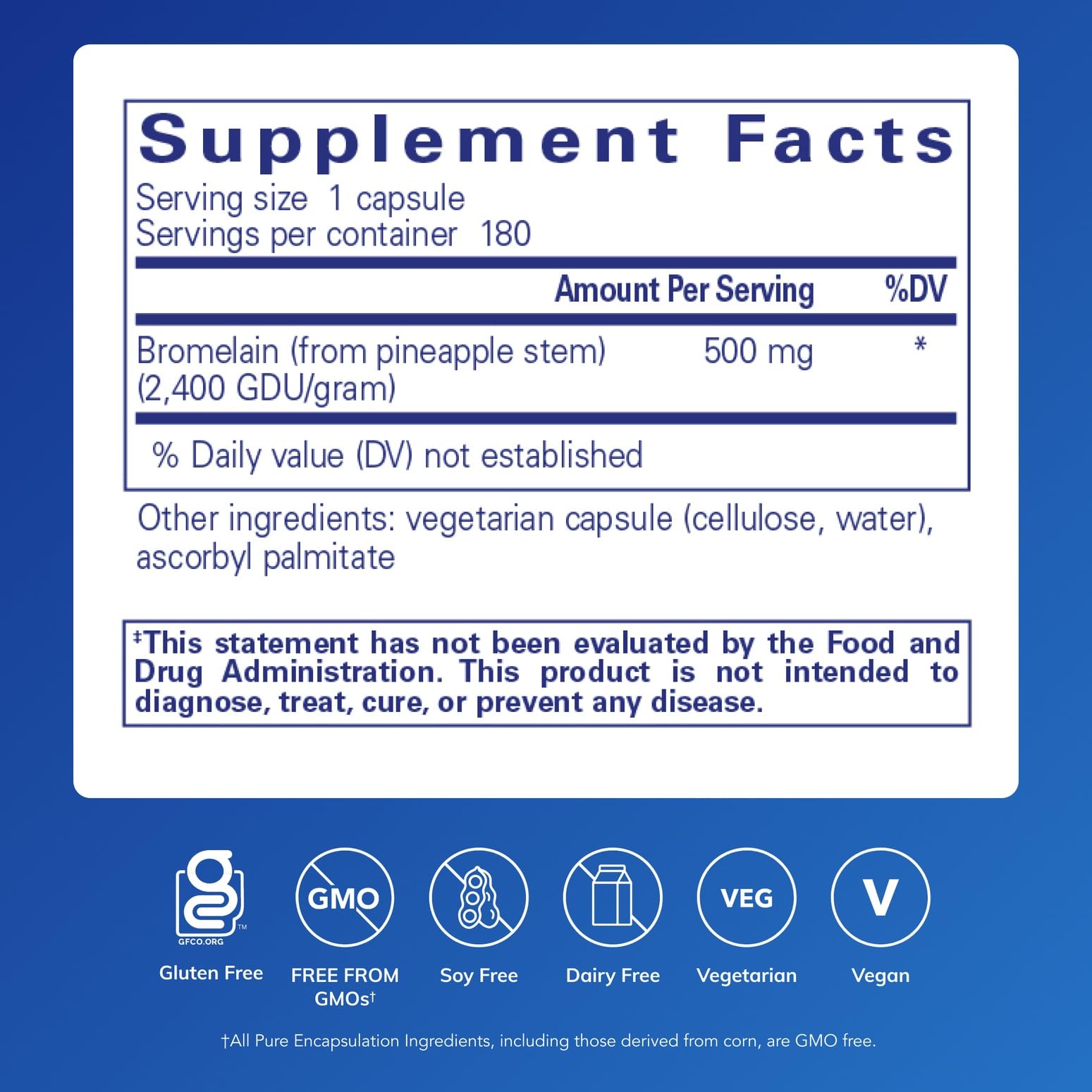 Bromelain 2400 capsules close-up showing 500 mg potency.
