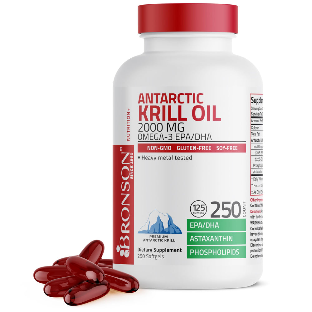 Bronson Antarctic Krill Oil bottle with softgels for daily wellness.