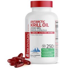 Bronson Antarctic Krill Oil bottle with softgels for daily wellness.