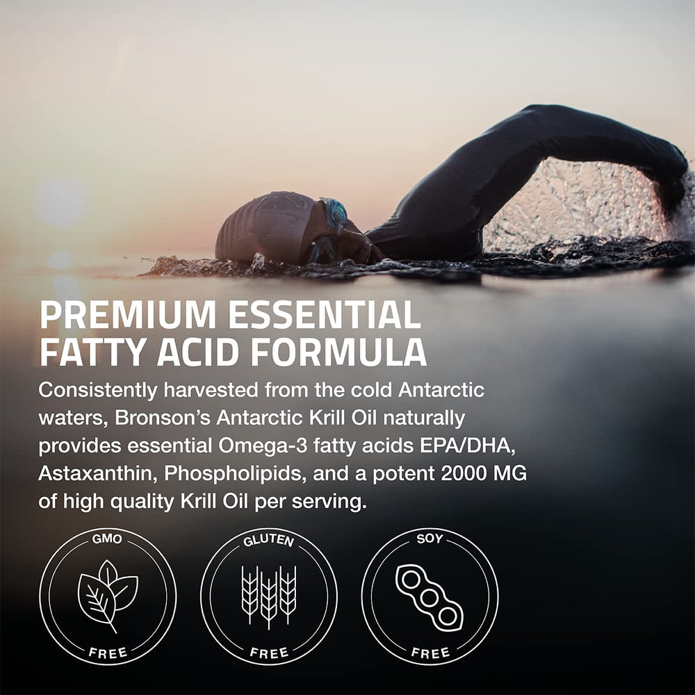 Bronson Antarctic Krill Oil label close-up highlights phospholipids.