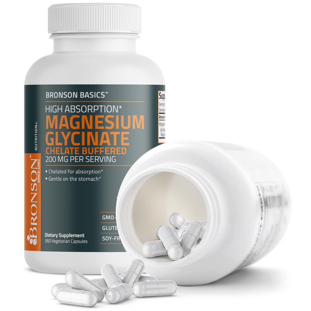 Bronson magnesium glycinate packaging emphasizing GMO-free and gluten-free status