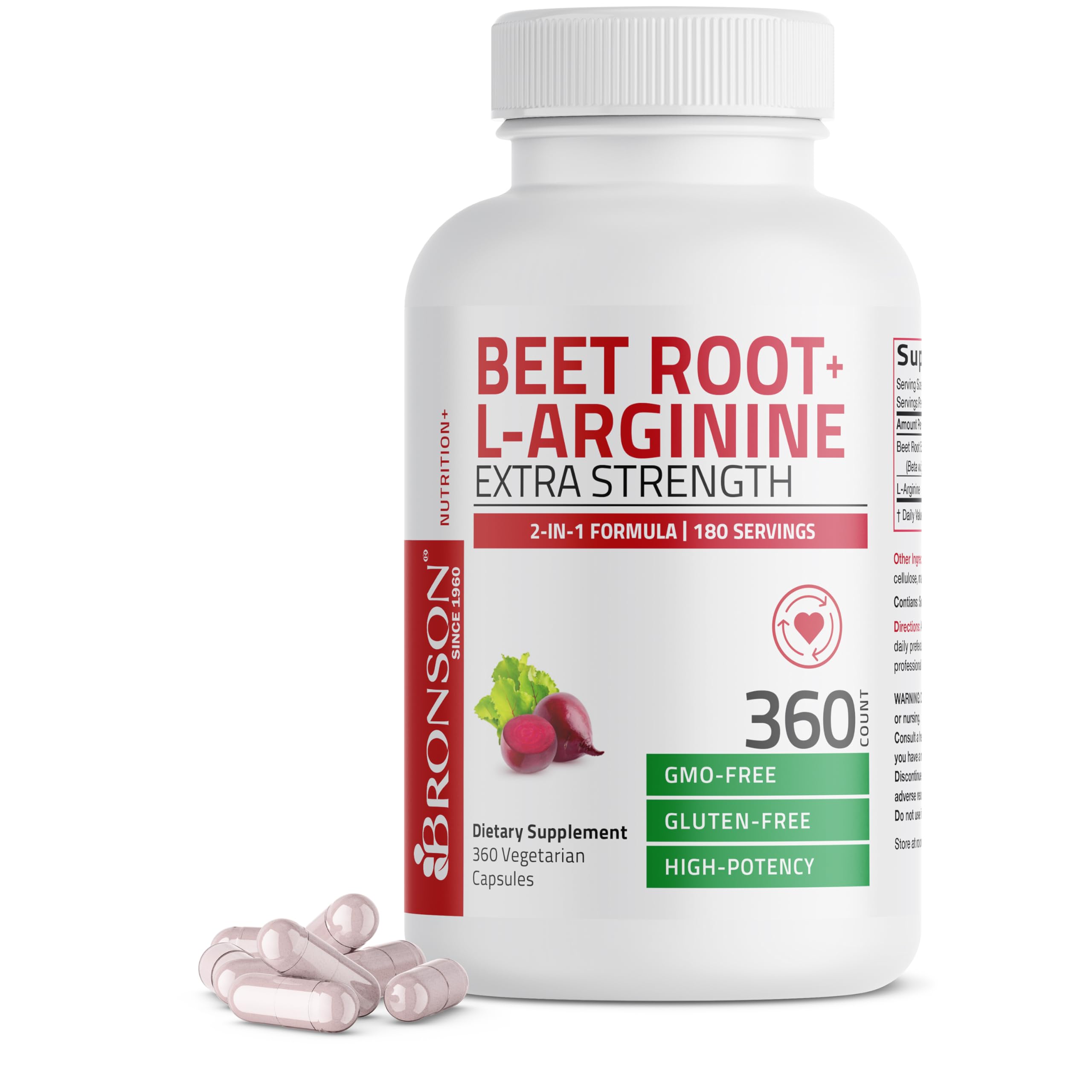 Bronson Beet Root + L-Arginine bottle with capsules for stamina support.