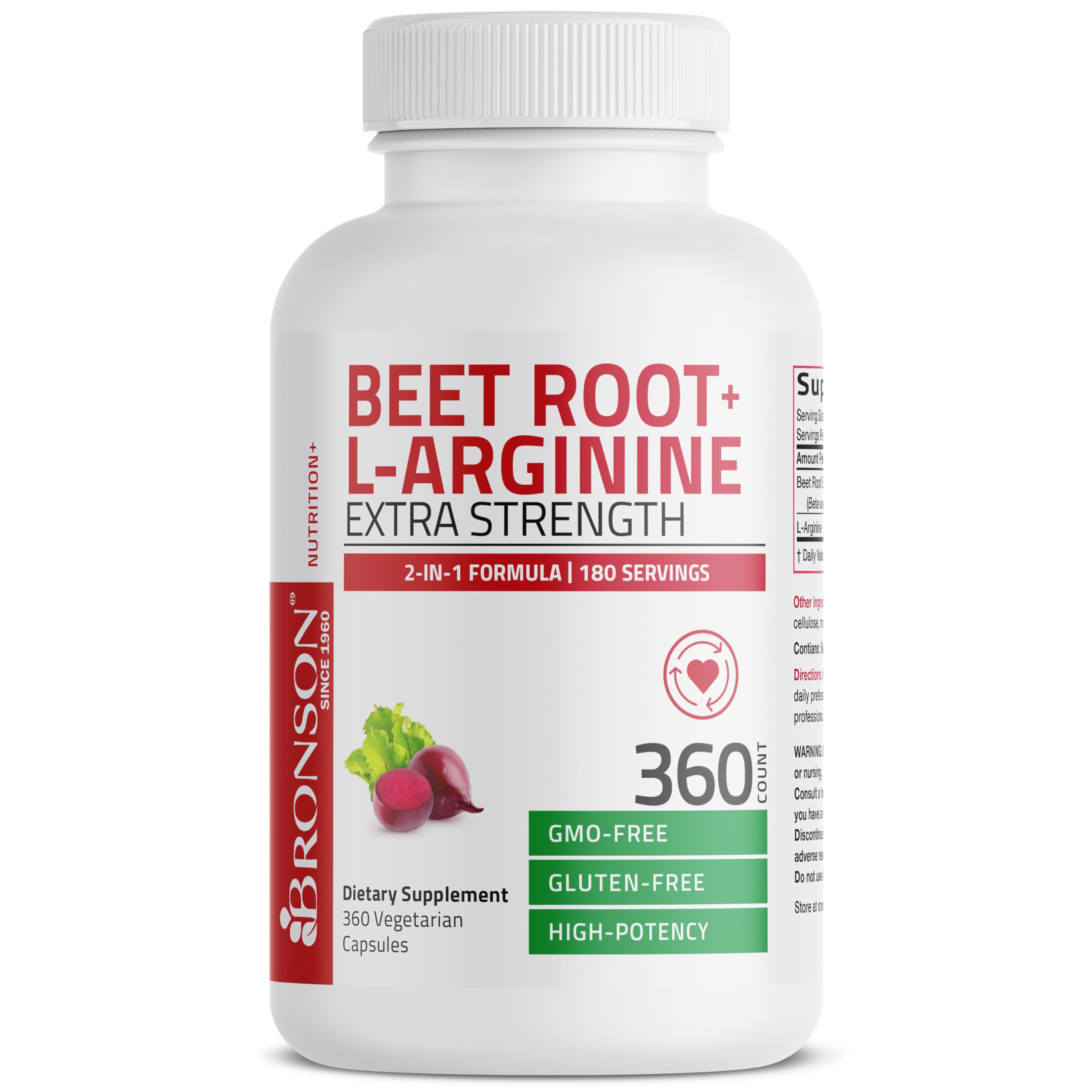 Ingredient panel shows beet root and vegan formula in Bronson supplement.
