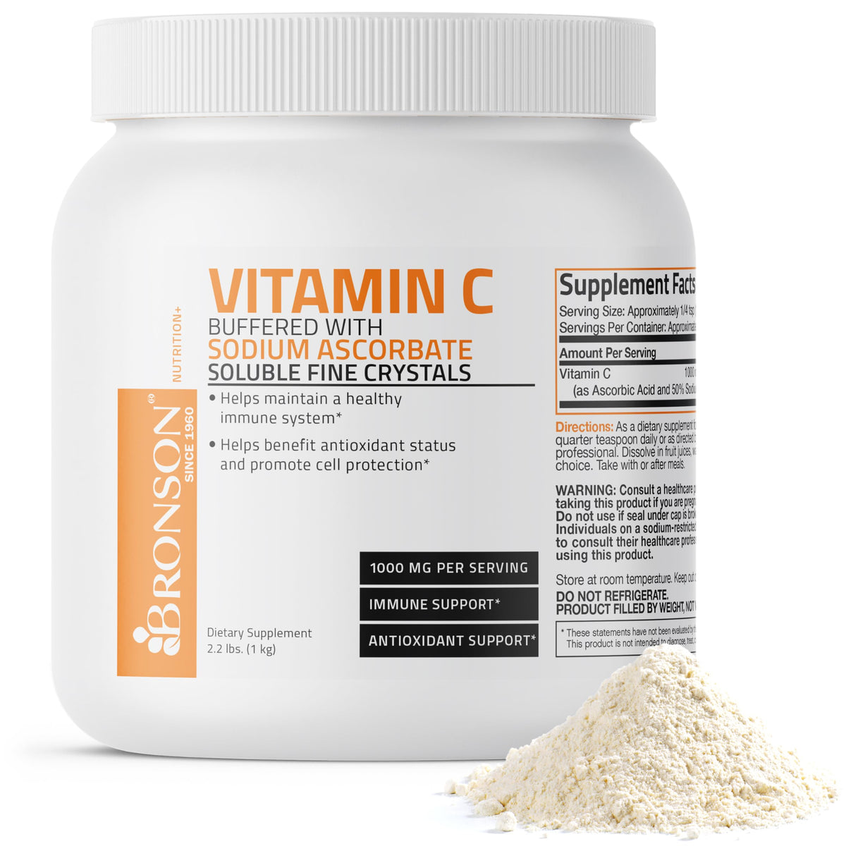 Bronson buffered vitamin C powder in a tub, convenient daily immune support.