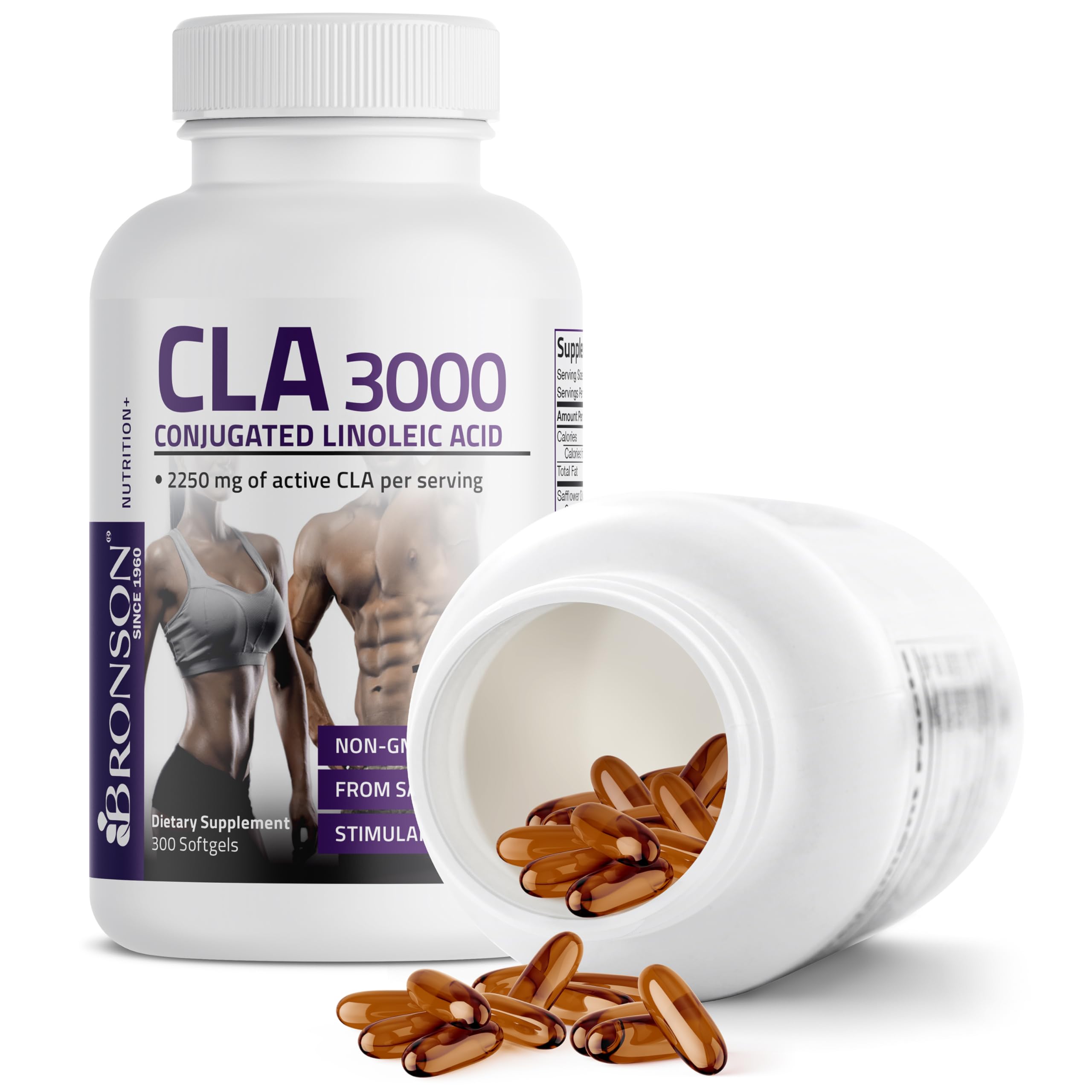 Bronson CLA 3000 daily dosing concept with softgels on hand for routine use