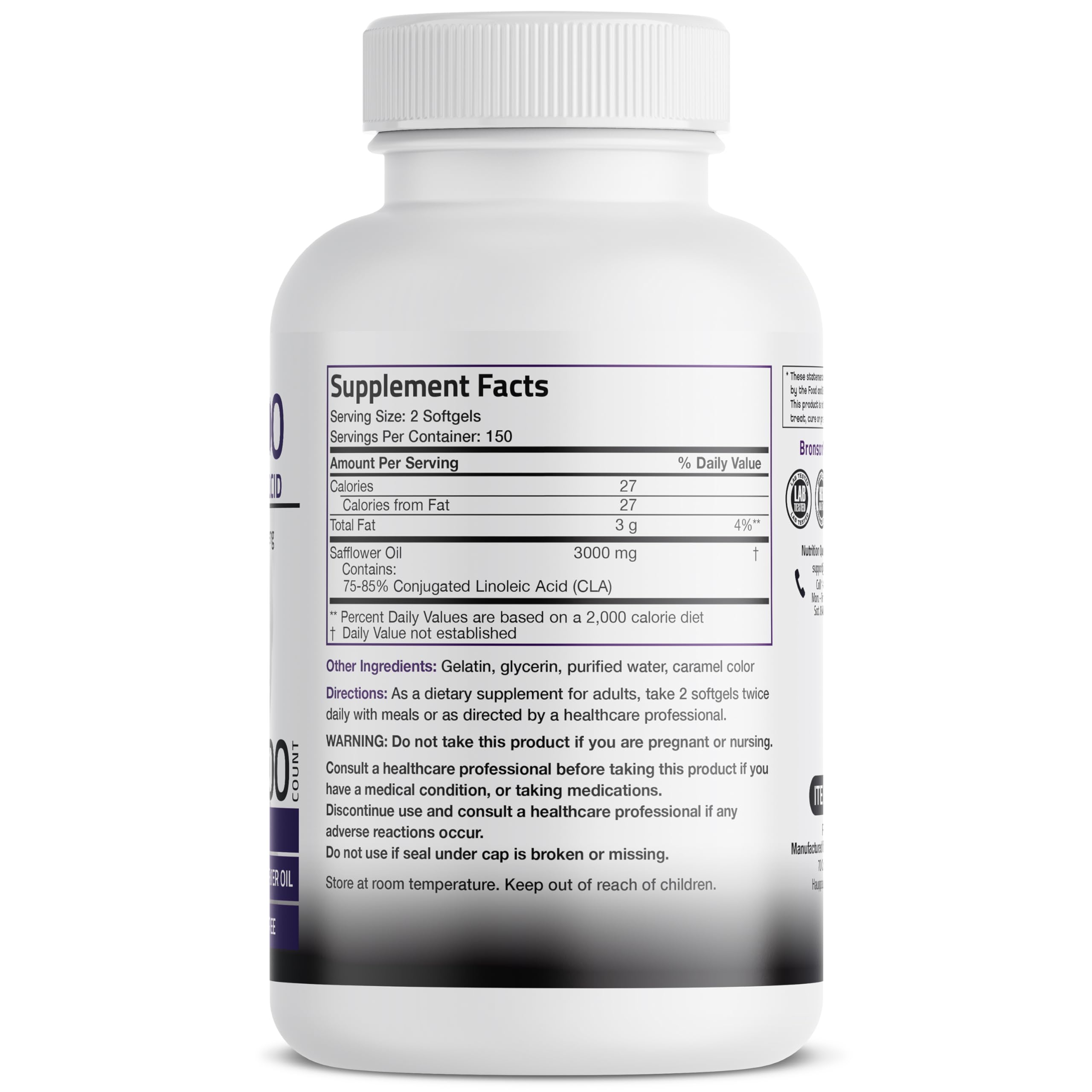 Bronson CLA 3000 softgels closeup showing capsules designed for non-stimulating support