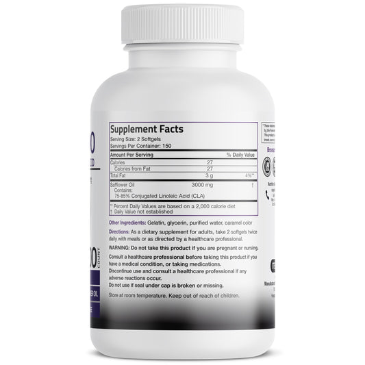 Bronson CLA 3000 softgels closeup showing capsules designed for non-stimulating support