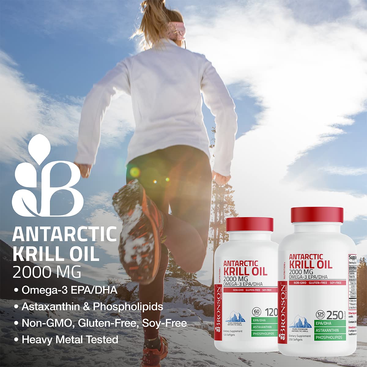 Bronson Krill Oil bottle pouring softgels for easy dosing.