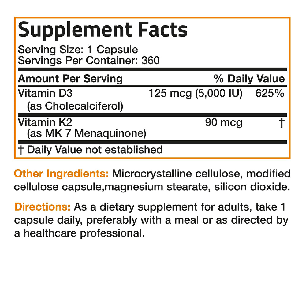 Product label on Bronson bottle highlights MK-7 K2 with D3 for bone support.