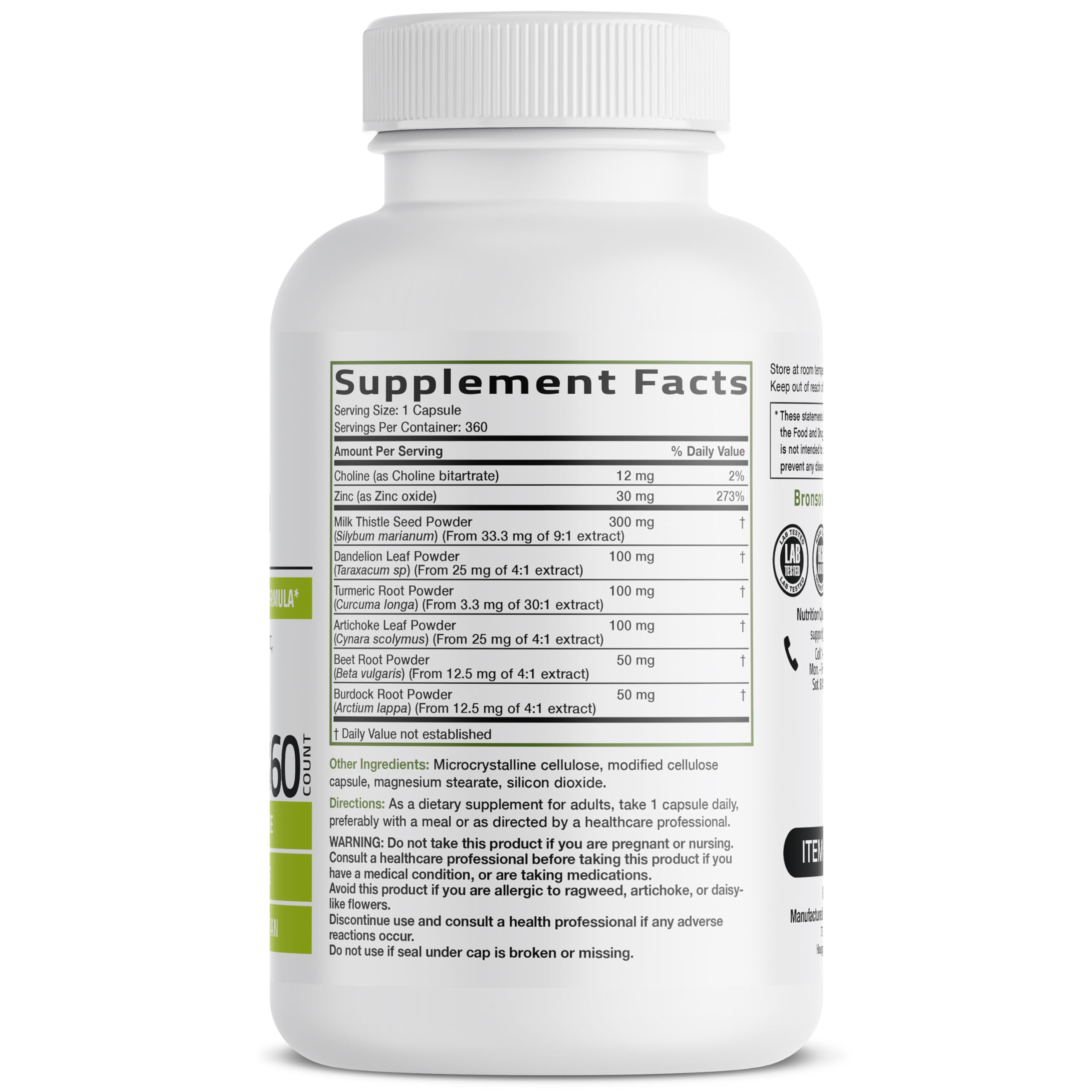 Bronson Liver Detox bottle back label with ingredient list for informed daily use.