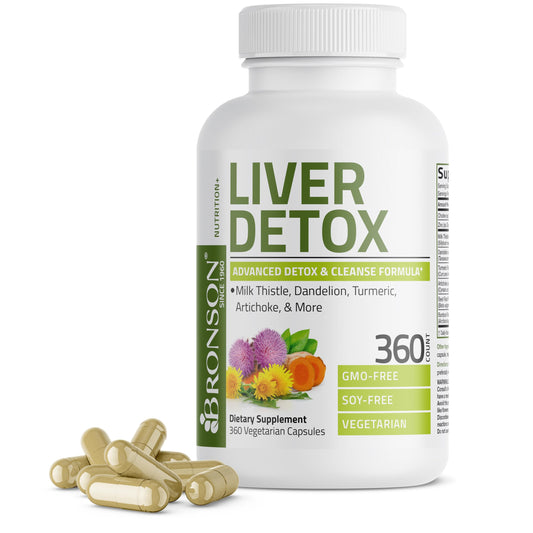 Bronson Liver Detox bottle front with label, highlighting vegan-friendly formula.