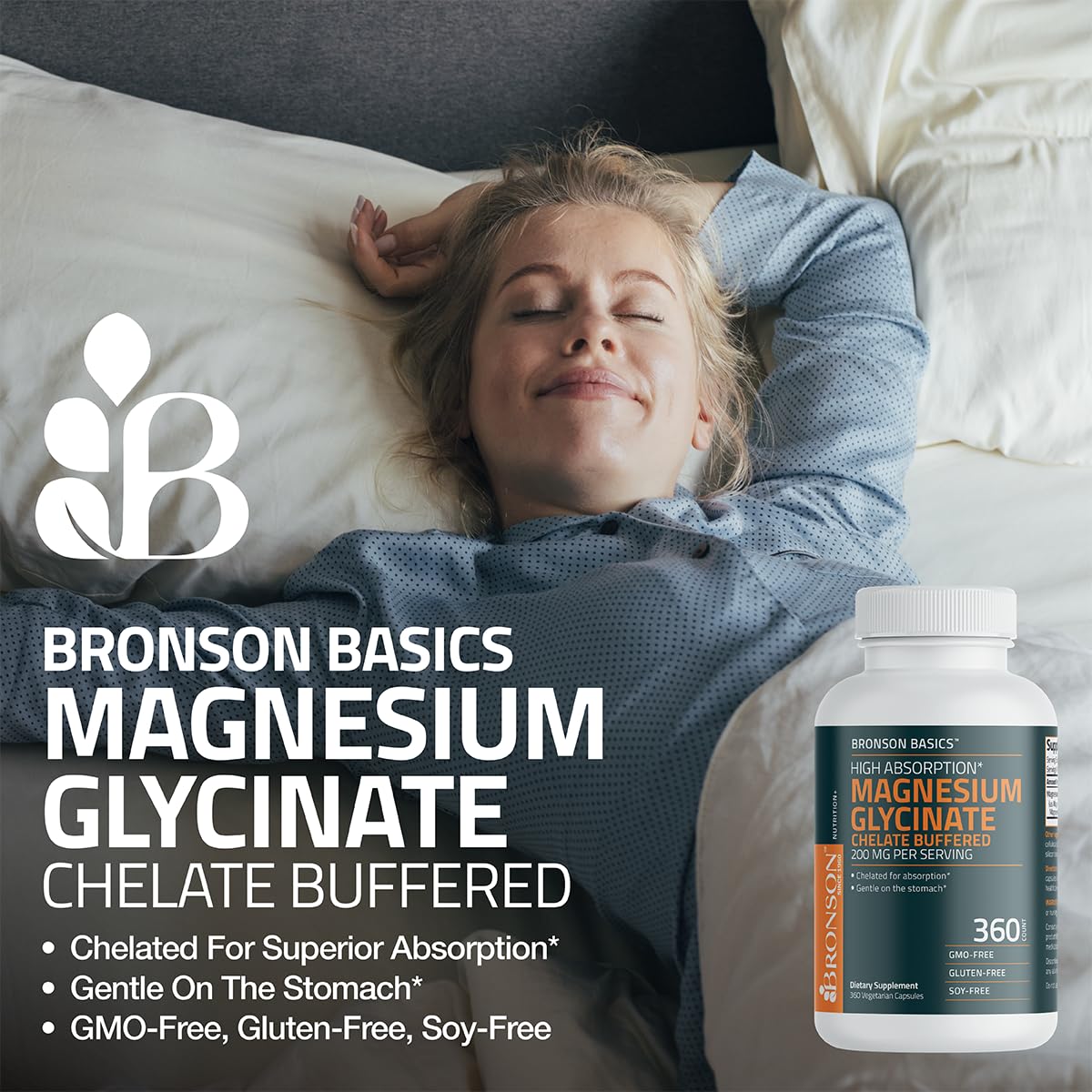 Bronson Magnesium Glycinate label highlights 200 mg per serving and non-GMO ingredients