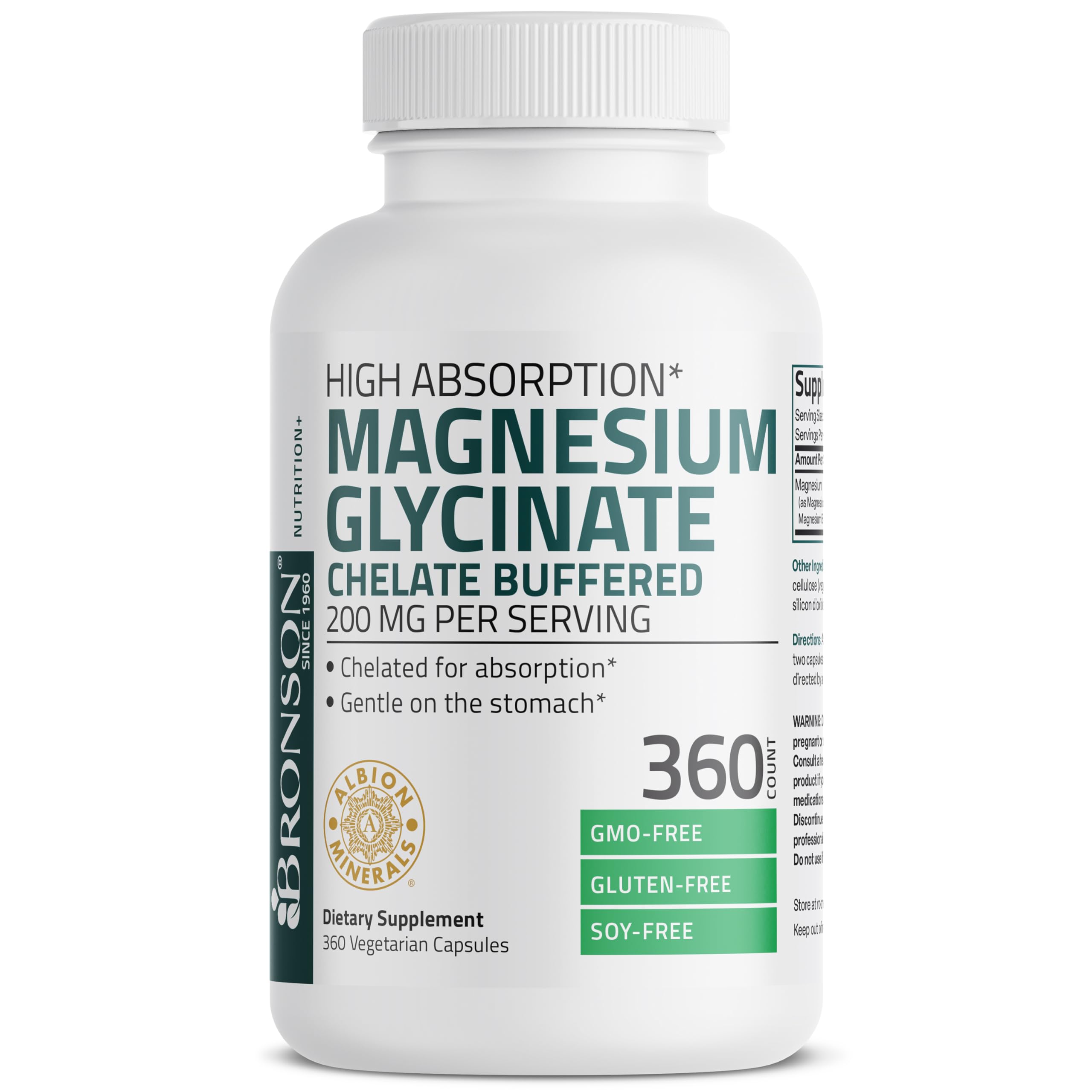 Bronson Magnesium Glycinate bottle on shelf communicates trusted 1960 heritage.