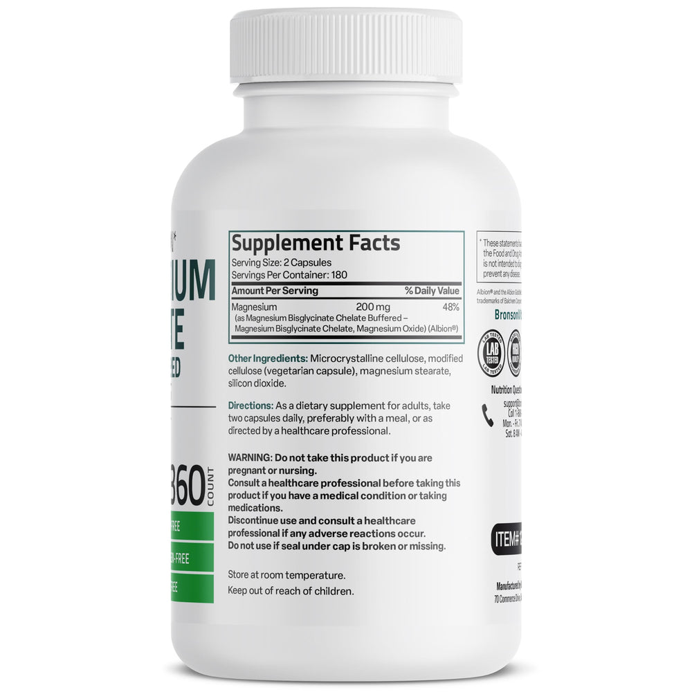 Bronson Magnesium Glycinate capsules closeup emphasizes gentle digestion.