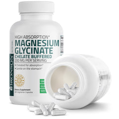 Bronson Magnesium Glycinate capsules macro shot suggests vegetarian friendly option.