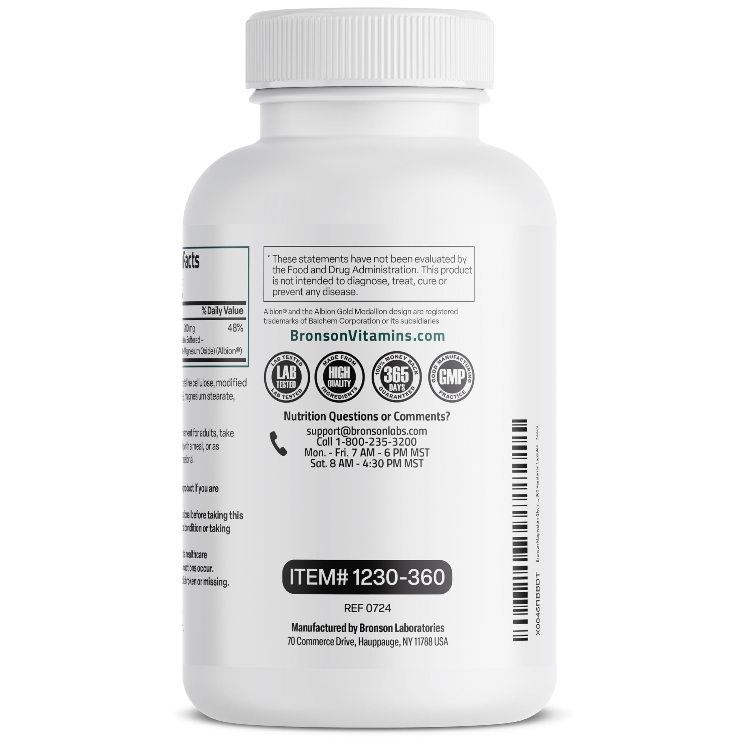 Bronson Magnesium Glycinate bottle with serving size information highlights 360 capsules.