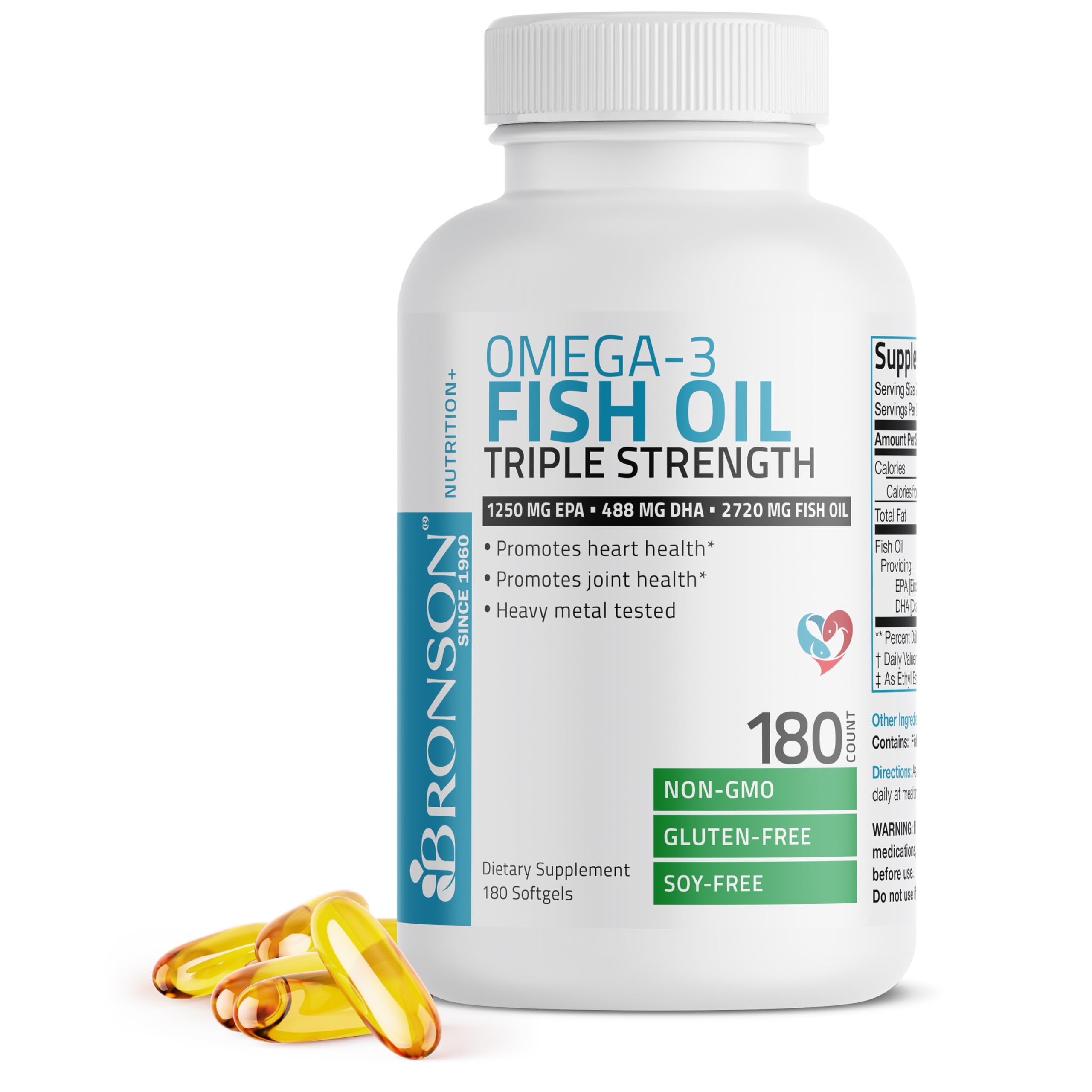 Bronson Omega-3 label showcases Non-GMO status and safety testing