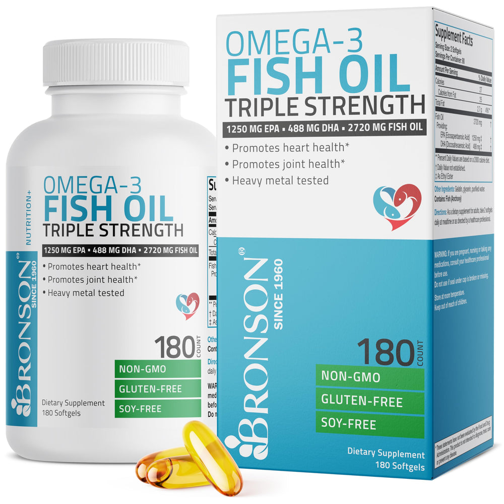 Bronson Omega-3 triple-strength bottle viewed for daily wellness use