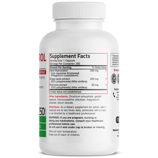 Close-up of Bronson Resveratrol 500mg capsules for daily, convenient supplementation.