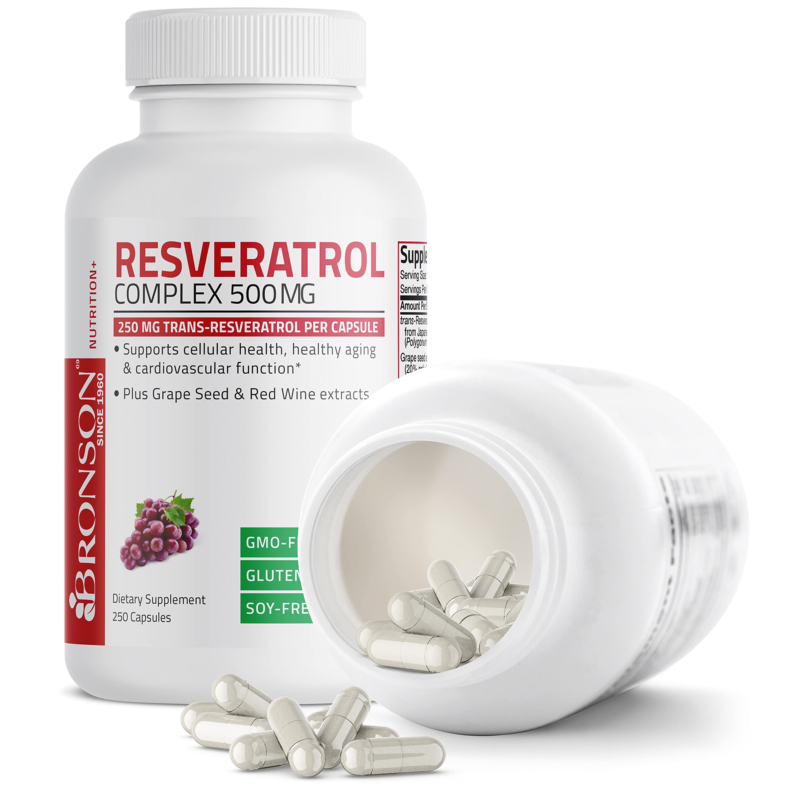 Capsules being poured from Bronson Resveratrol 500mg bottle into a hand.