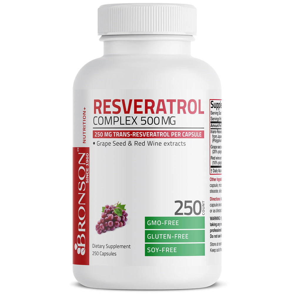 Bronson Resveratrol 500mg inner bottle label highlighting vegan and allergen-free features.