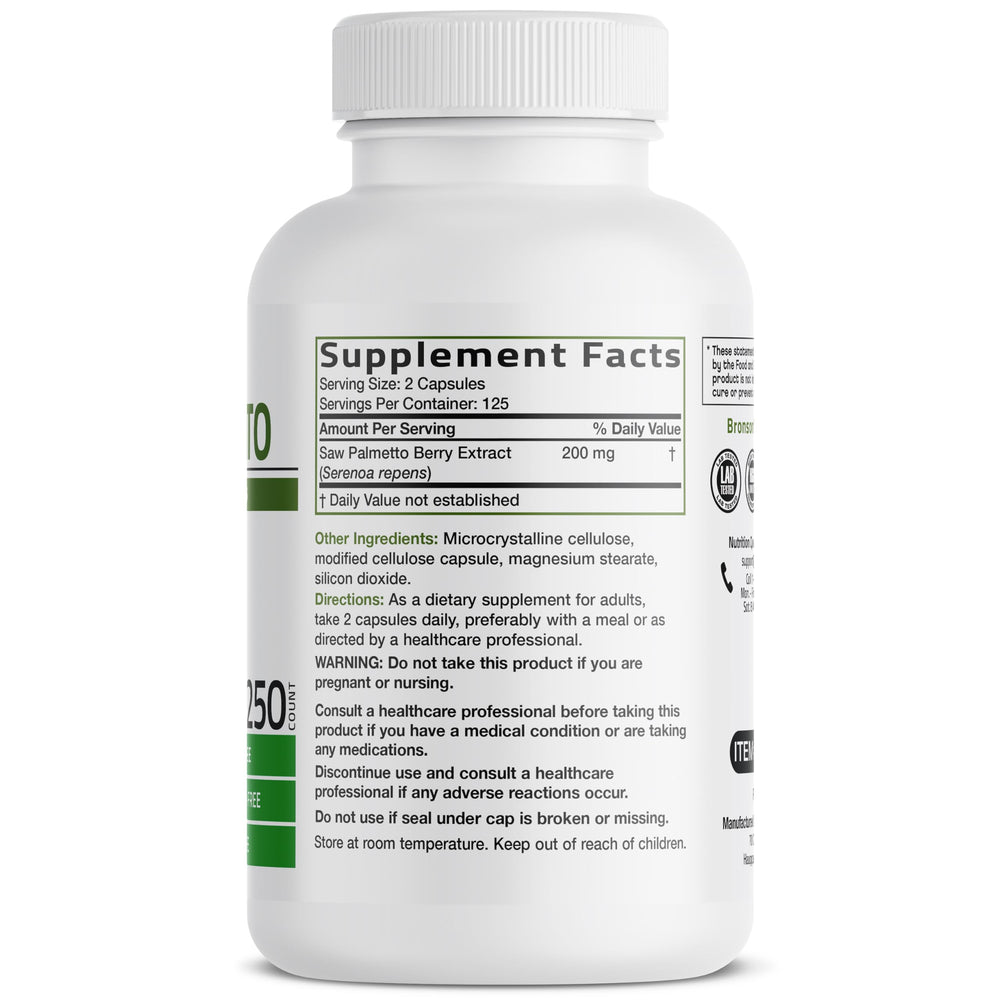 Bronson Saw Palmetto label close-up showing high-potency formula.