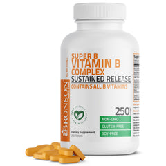 Bronson Super B Complex bottle with tablets illustrating sustained energy release.